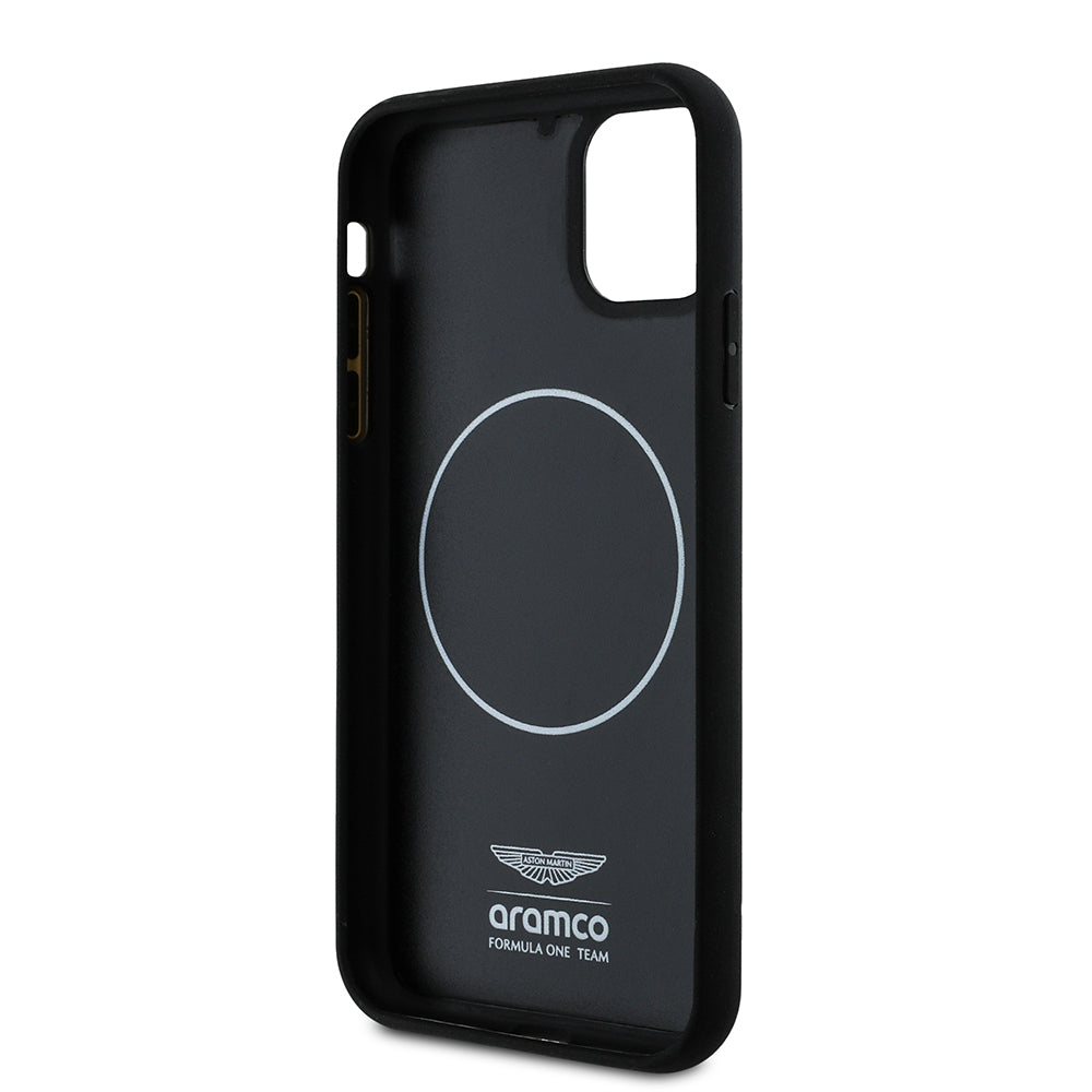 Apple iPhone 11 Case Aston Martin Original Licensed M-Safe Charging Feature Colored Ring and Carbon Fiber Design Cover Black-Silver