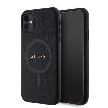 Apple iPhone 11 Kılıf Guess Orjinal Lisanslı M-safe Şarj Özellikli Yazı Logolu Saffiano Classic Kapak Siyah