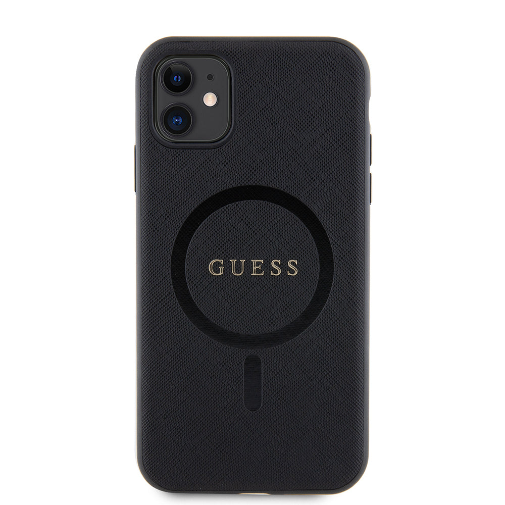 Apple iPhone 11 Case Guess Original Licensed M-safe Charging Feature Saffiano Classic Cover Black with Text Logo