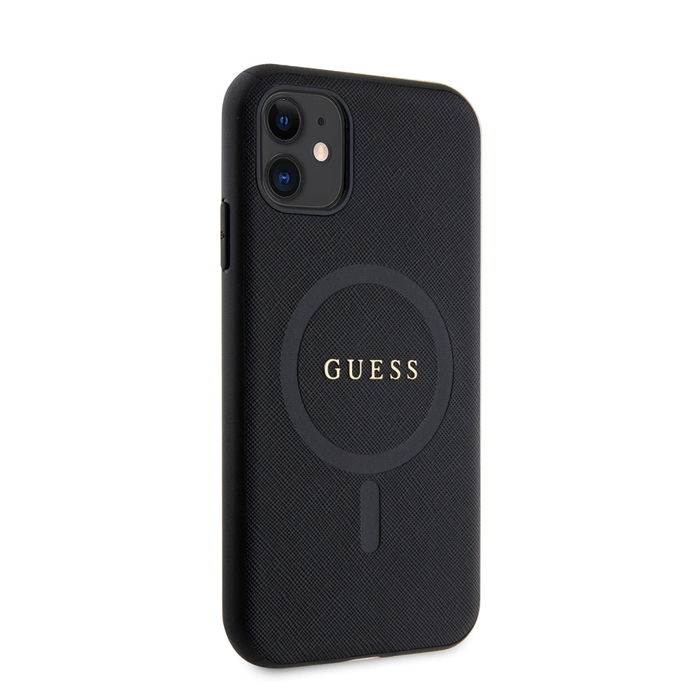 Apple iPhone 11 Case Guess Original Licensed M-safe Charging Feature Saffiano Classic Cover Black with Text Logo