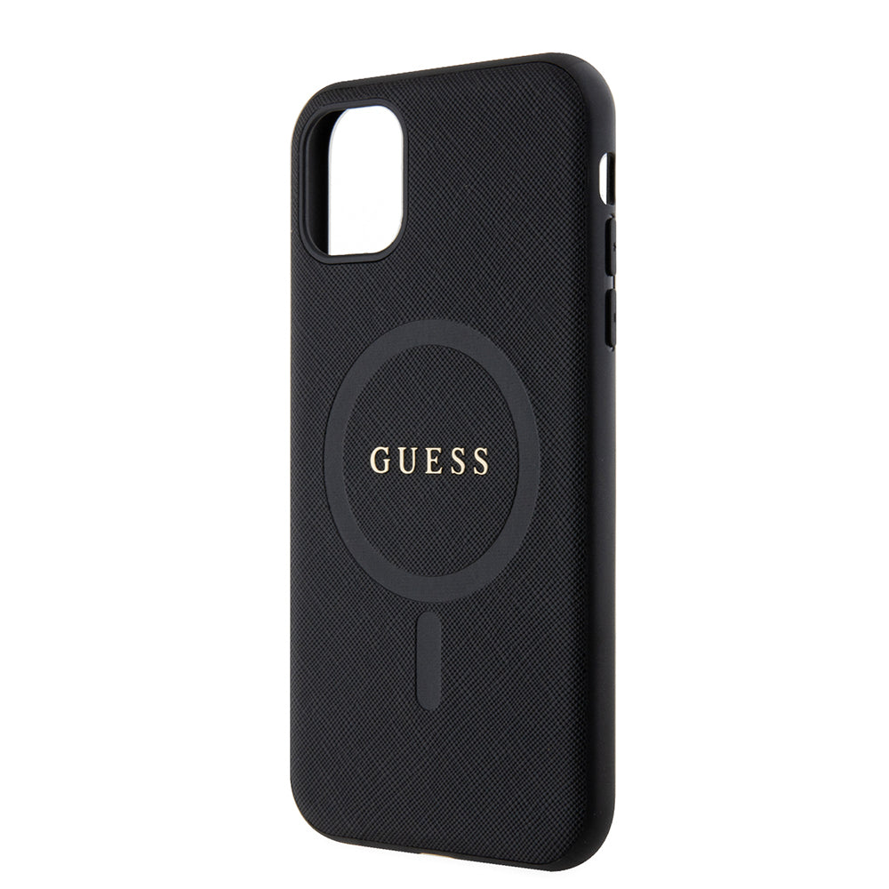 Apple iPhone 11 Case Guess Original Licensed M-safe Charging Feature Saffiano Classic Cover Black with Text Logo