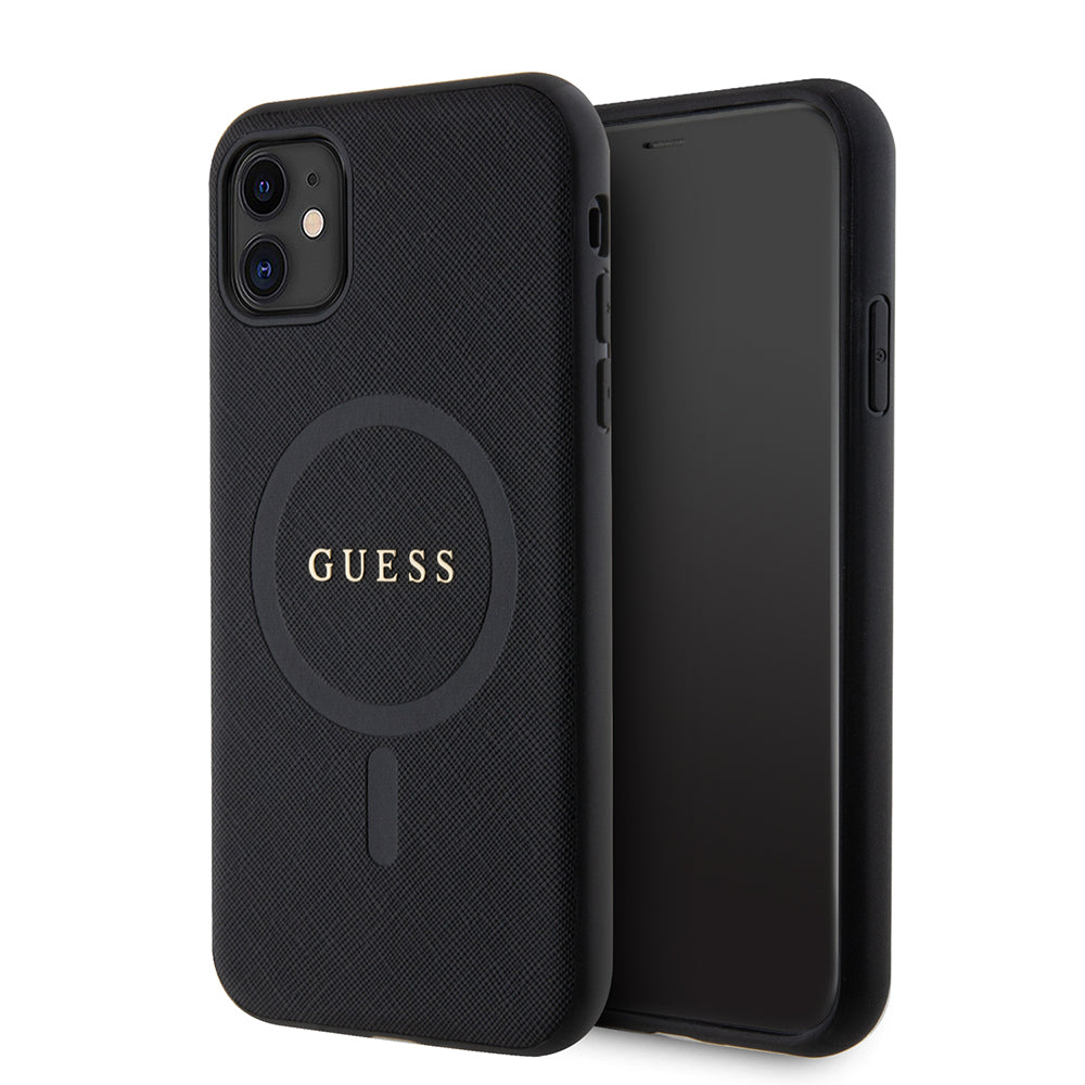 Apple iPhone 11 Case Guess Original Licensed M-safe Charging Feature Saffiano Classic Cover Black with Text Logo