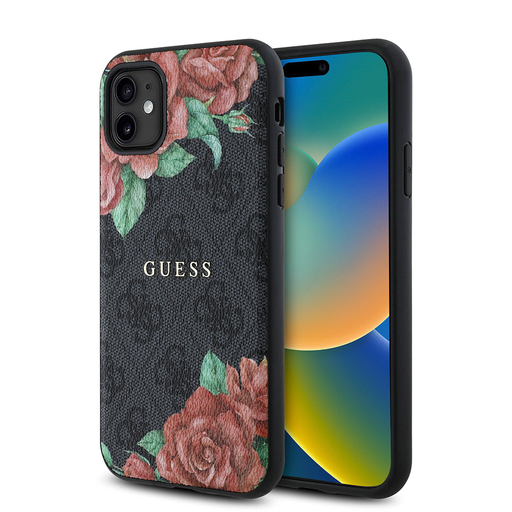 Apple iPhone 11 Case Guess Original Licensed M-safe Compatible Rose Printed 4G Patterned Text Logo Cover Black
