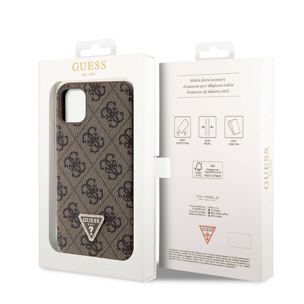 Apple iPhone 11 Case Guess Original Licensed PU Leather Stone Triangle Logo 4G Patterned Cover Brown