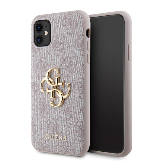 Apple iPhone 11 Kılıf Guess PU Deri Büyük Metal Logo Dizaynlı Kapak Pembe