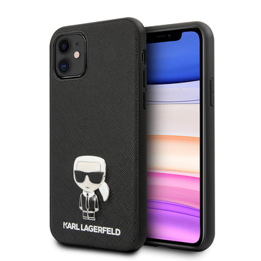 Apple iPhone 11 Kılıf Karl Lagerfeld PU Suni Deri Karl Dizayn Kapak Siyah