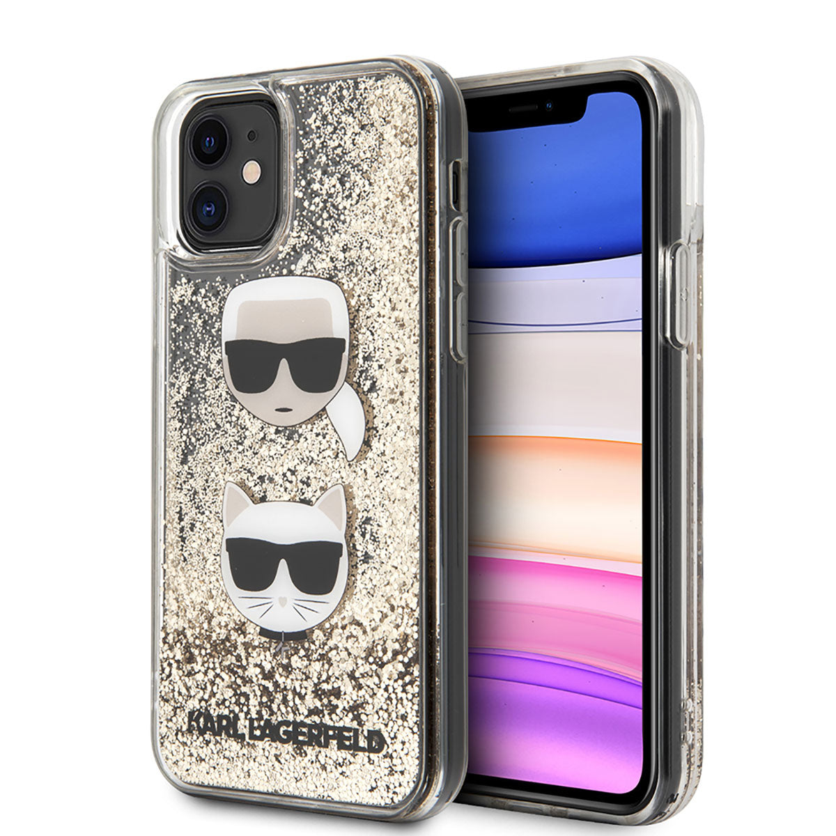 Apple iPhone 11 Case Karl Lagerfeld Liquid Glitter K&C Head Design Cover Gold