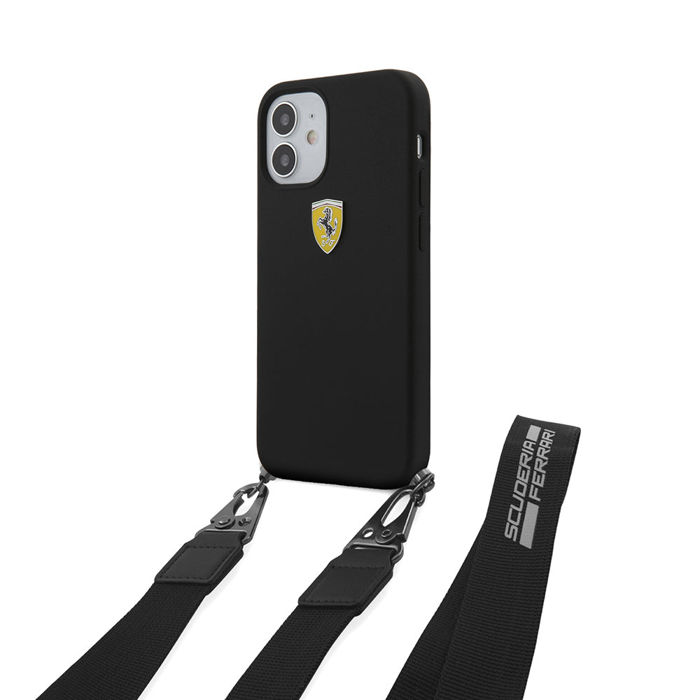 Apple iPhone 12 Case Ferrari Original Licensed Strap Metal Logo Cover Black