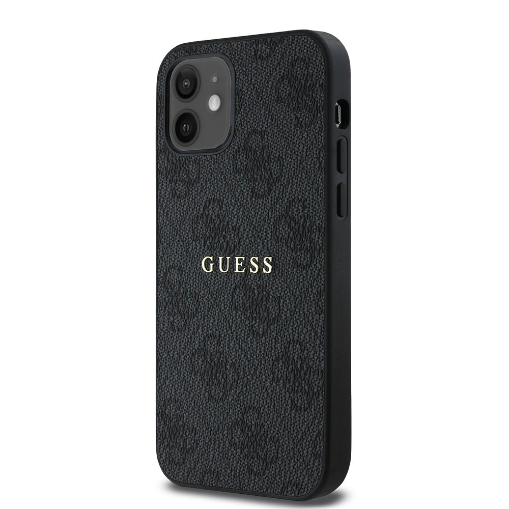 Apple iPhone 12 Case Guess Original Licensed M-safe Charging Feature 4G Pattern Text Logo Cover Black