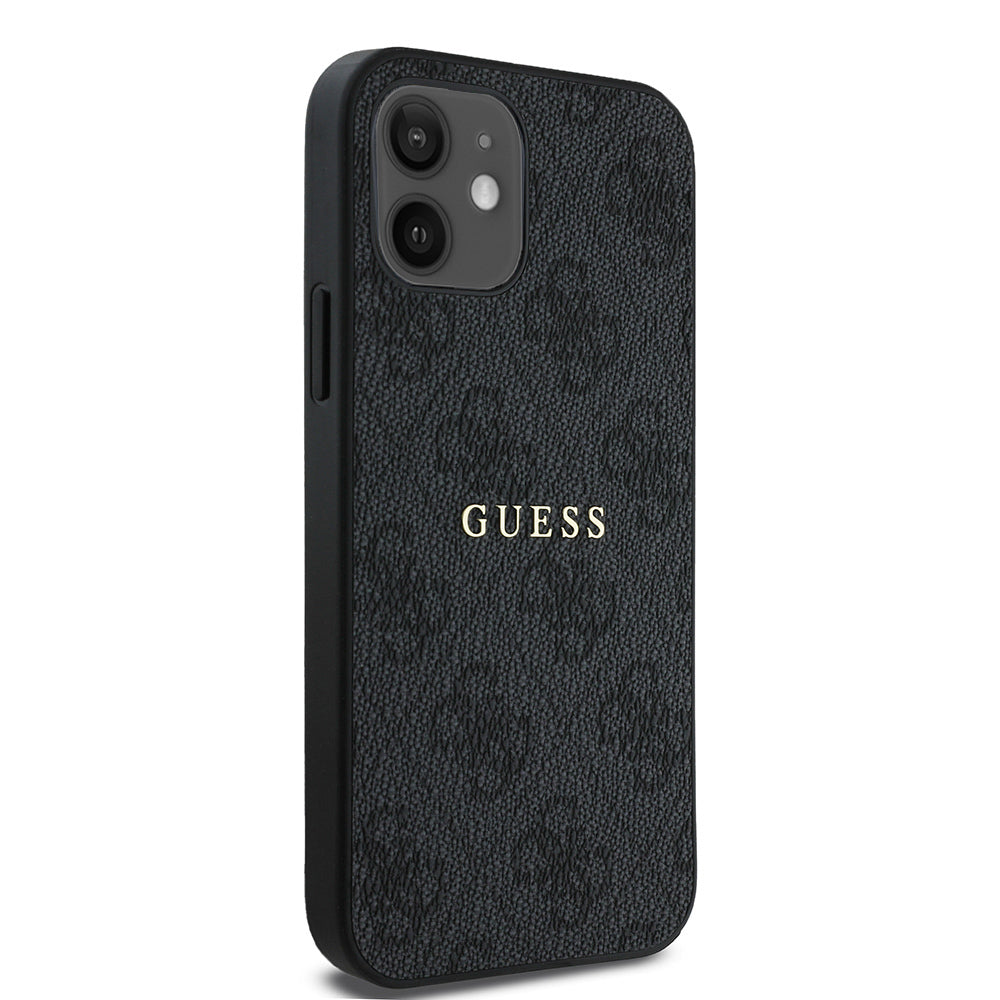 Apple iPhone 12 Case Guess Original Licensed M-safe Charging Feature 4G Pattern Text Logo Cover Black