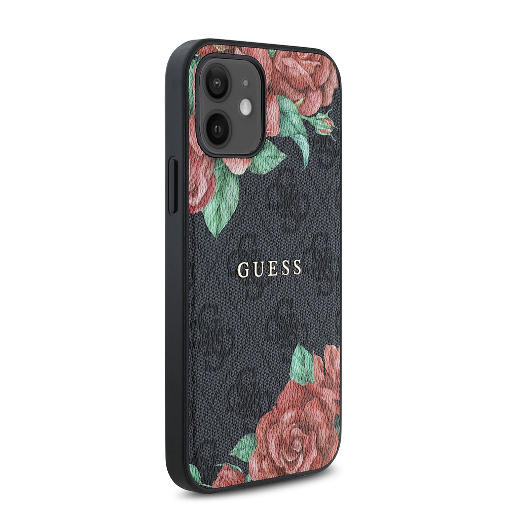 Apple iPhone 12 Case Guess Original Licensed M-safe Charging Feature Rose Printed 4G Patterned Text Logo Cover Black
