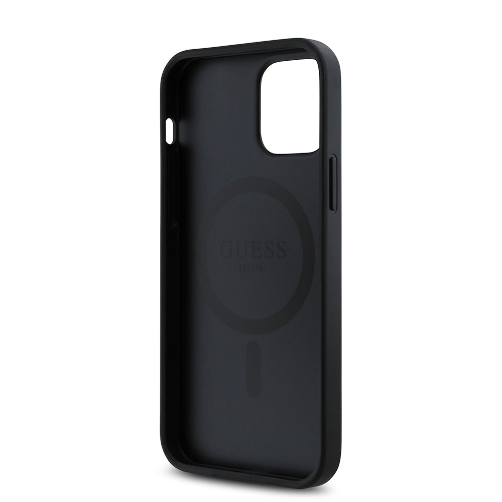 Apple iPhone 12 Case Guess Original Licensed M-safe Charging Feature Rose Printed 4G Patterned Text Logo Cover Black