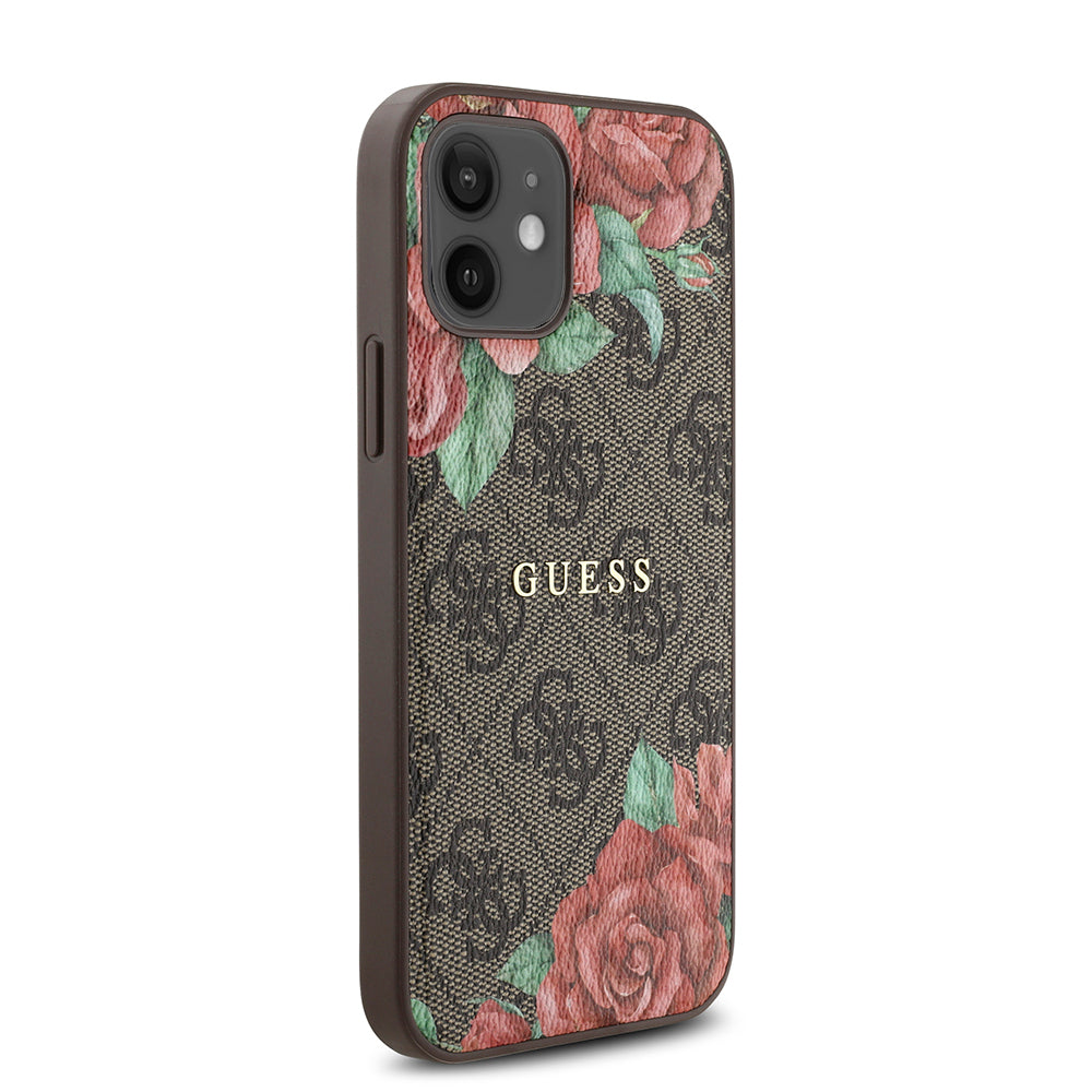 Apple iPhone 12 Case Guess Original Licensed M-safe Charging Feature Rose Printed 4G Patterned Text Logo Cover Black