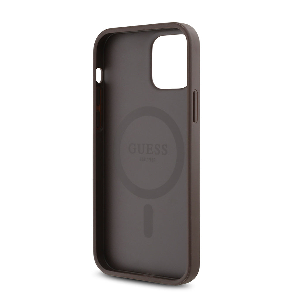 Apple iPhone 12 Case Guess Original Licensed M-safe Charging Feature Rose Printed 4G Patterned Text Logo Cover Black
