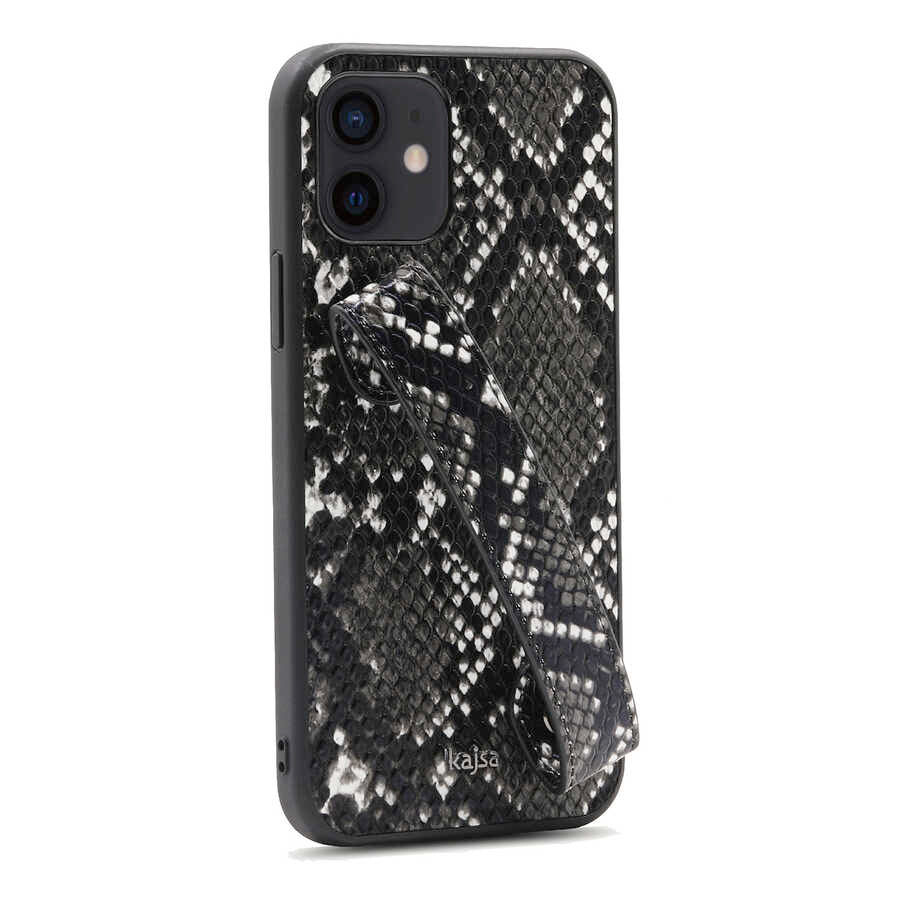 Apple iPhone 12 Case Kajsa Glamorous Series Snake Handstrap Cover Black