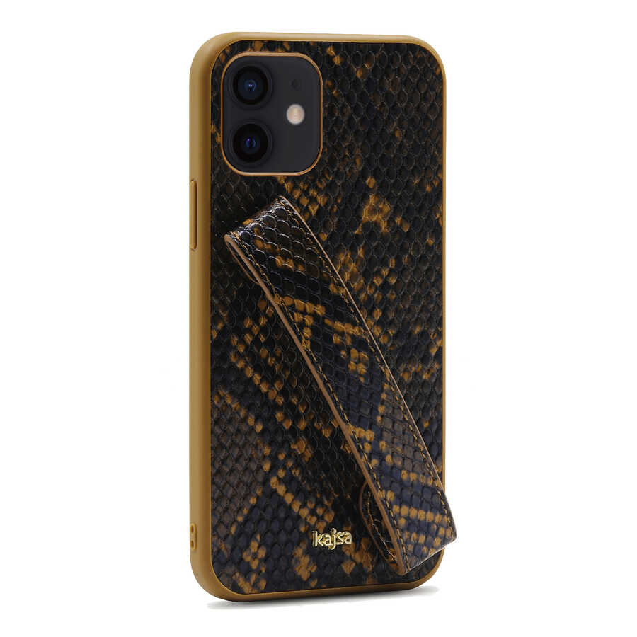 Apple iPhone 12 Case Kajsa Glamorous Series Snake Handstrap Cover Yellow