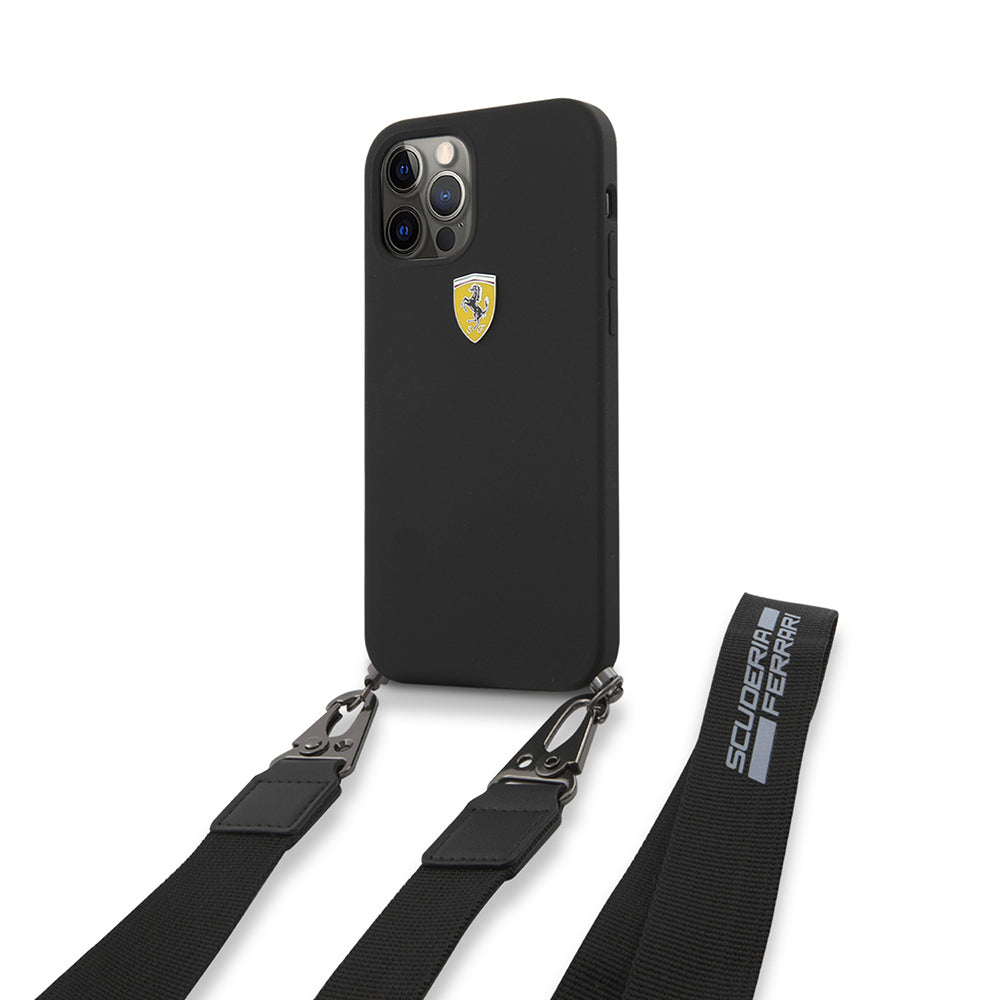Apple iPhone 12 Pro Kılıf Ferrari Orjinal Lisanslı Askılı Metal Logolu Kapak Siyah