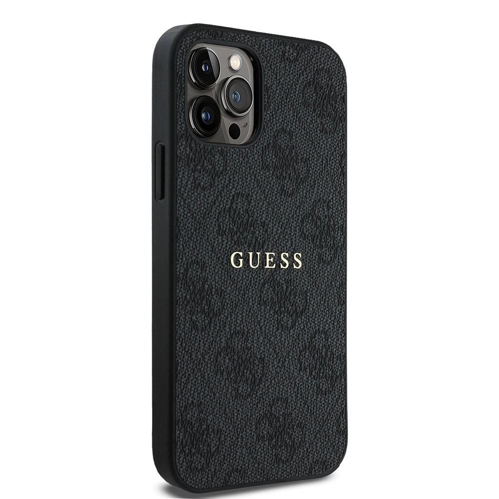 Apple iPhone 12 Pro Case Guess Original Licensed M-safe Charging Feature 4G Pattern Text Logo Cover Black