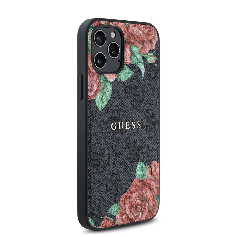 Apple iPhone 12 Pro Case Guess Original Licensed M-safe Charging Feature Rose Printed 4G Patterned Text Logo Cover Brown