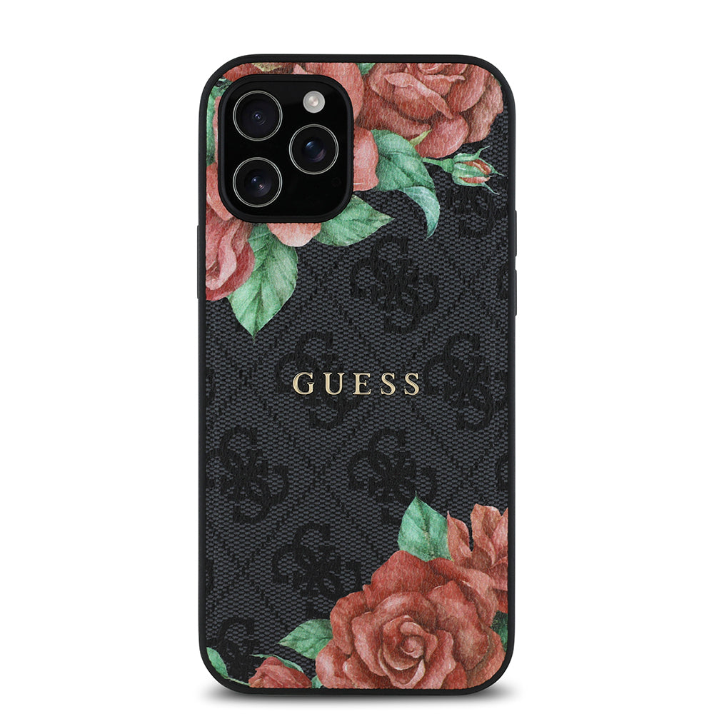 Apple iPhone 12 Pro Case Guess Original Licensed M-safe Charging Feature Rose Printed 4G Patterned Text Logo Cover Brown