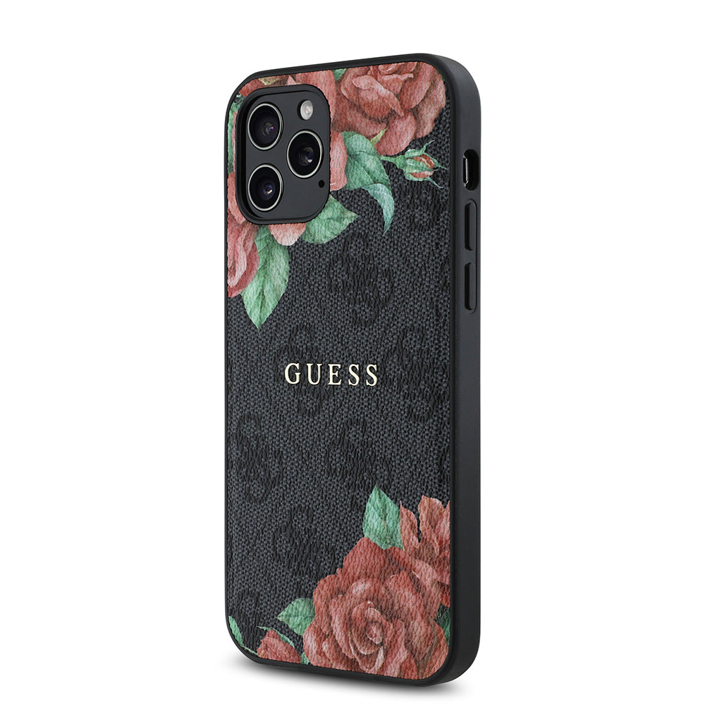 Apple iPhone 12 Pro Case Guess Original Licensed M-safe Charging Feature Rose Printed 4G Patterned Text Logo Cover Brown