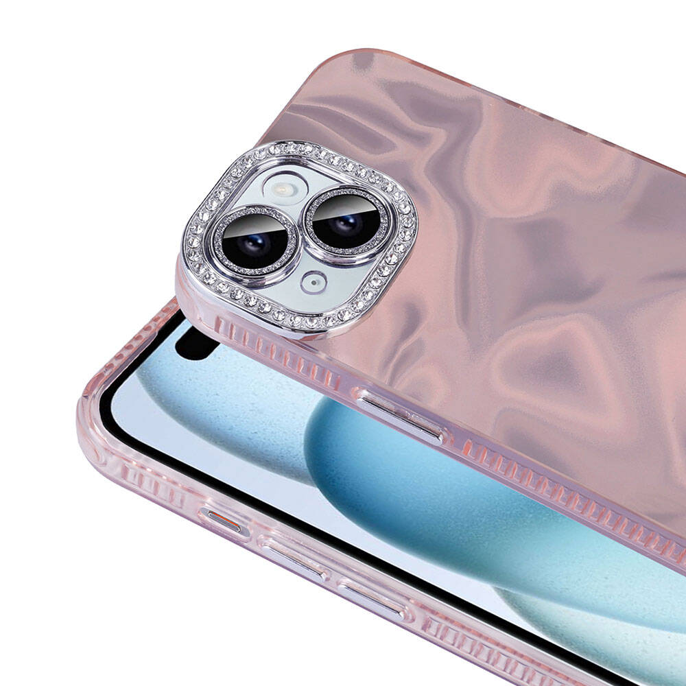 Apple iPhone 13 Airbag Case with Shiny Stone Detail Design Zore Esila Cover Pink