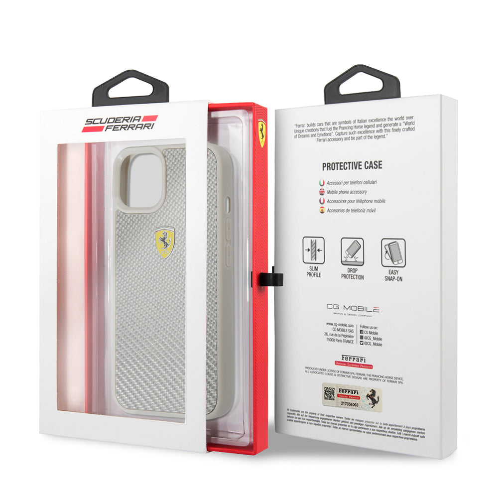 Apple iPhone 13 Case Ferrari Original Licensed Classic Metal Logo Carbon Design Cover Silver