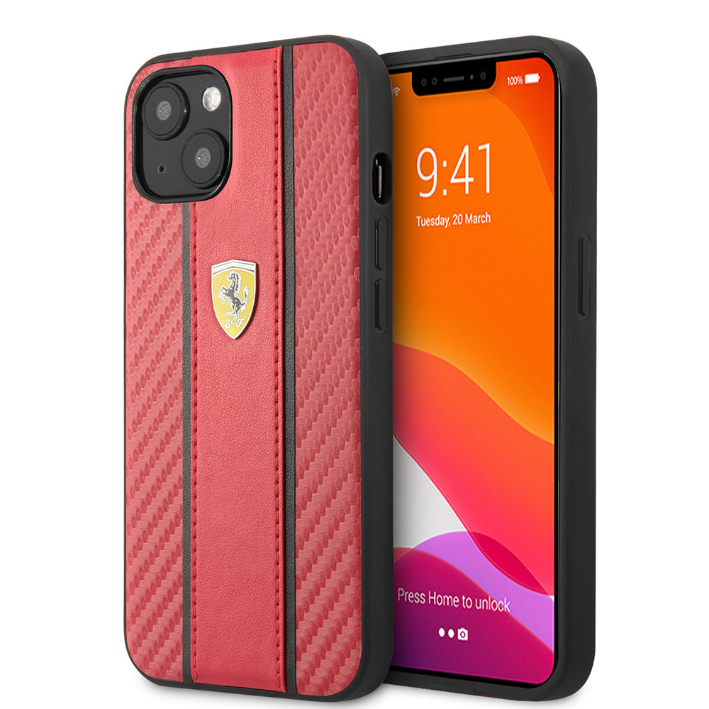 Apple iPhone 13 Kılıf Ferrari Orjinal Lisanslı PU Deri Ve Karbon Dizayn Kapak Siyah