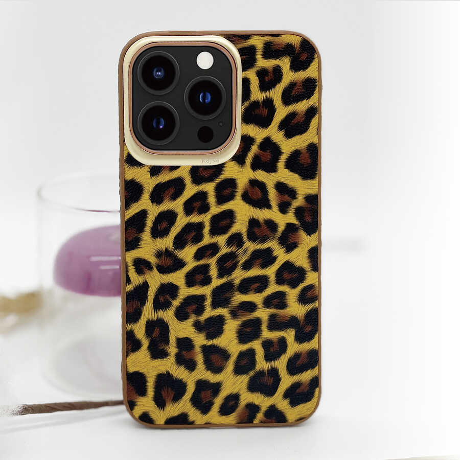 Apple iPhone 13 Kılıf Kajsa Glamorous Serisi Leopard Combo Kapak Sarı