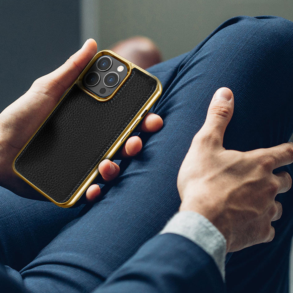 Apple iPhone 13 Mini Case Wiwu Genuine Leather Gold Calfskin Original Leather Cover Black
