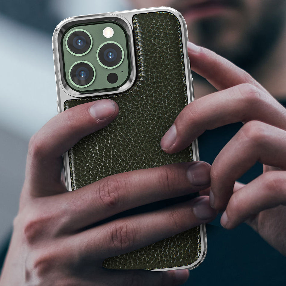 Apple iPhone 13 Mini Case Wiwu Genuine Leather Silver Calfskin Original Leather Cover Green