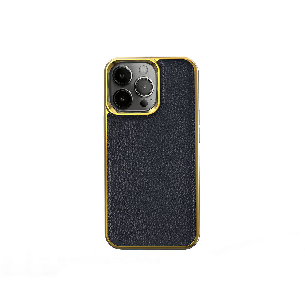Apple iPhone 13 Pro Case Wiwu Genuine Leather Gold Calfskin Original Leather Cover Blue