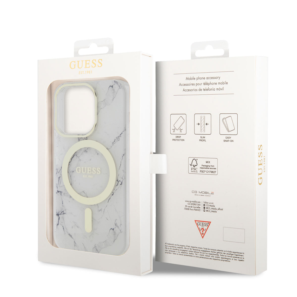 Apple iPhone 13 Pro Max Case GUESS M-safe Charging Feature Marble Pattern Cover White