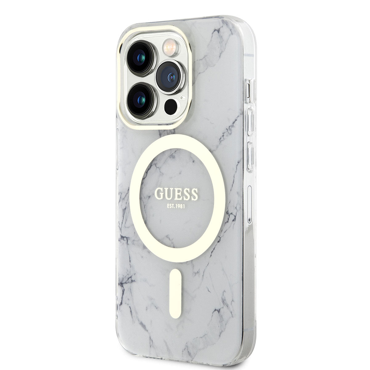 Apple iPhone 13 Pro Max Case GUESS M-safe Charging Feature Marble Pattern Cover White
