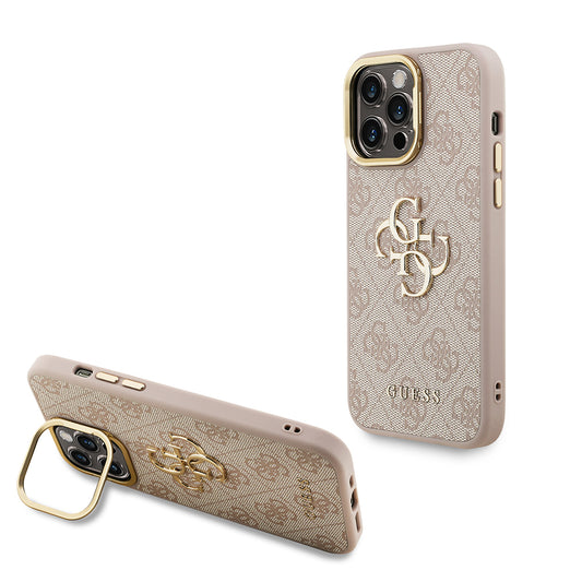 Apple iPhone 13 Pro Max Kılıf Guess Orjinal Lisanslı PU Deri 4G Desenli Metal Büyük 4G ve Yazı Logolu Kamera Standlı Kapak Pembe