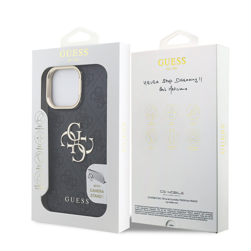 Apple iPhone 13 Pro Max Case Guess Original Licensed PU Leather 4G Patterned Metal Large 4G and Text Logo Camera Stand Cover Black