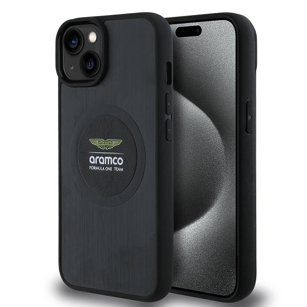 Apple iPhone 14 Case Aston Martin Original Licensed M-Safe Charging Feature Aluminum Back Surface Formula One Team Printed Cover Black