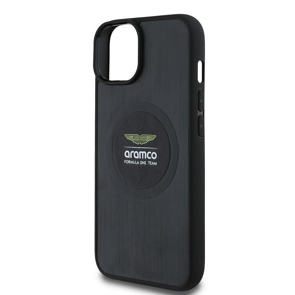 Apple iPhone 14 Case Aston Martin Original Licensed M-Safe Charging Feature Aluminum Back Surface Formula One Team Printed Cover Black