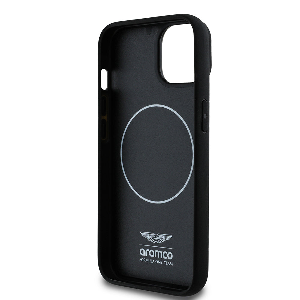 Apple iPhone 14 Case Aston Martin Original Licensed M-Safe Charging Feature Aluminum Back Surface Formula One Team Printed Cover Black