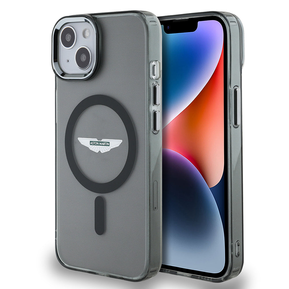 Apple iPhone 14 Kılıf Aston Martin Orjinal Lisanslı M-safe Şarj Özellikli IML Baskı Logolu Metal Düğmeli Kapak Siyah