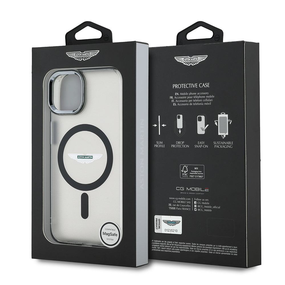 Apple iPhone 14 Case Aston Martin Original Licensed M-Safe Charging Feature IML Print Logo Metal Button Cover Black