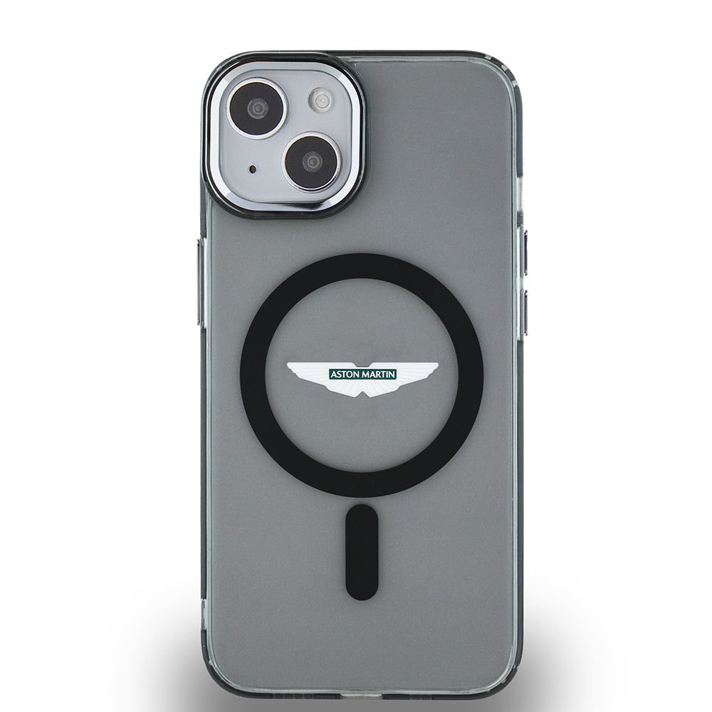 Apple iPhone 14 Case Aston Martin Original Licensed M-Safe Charging Feature IML Print Logo Metal Button Cover Black