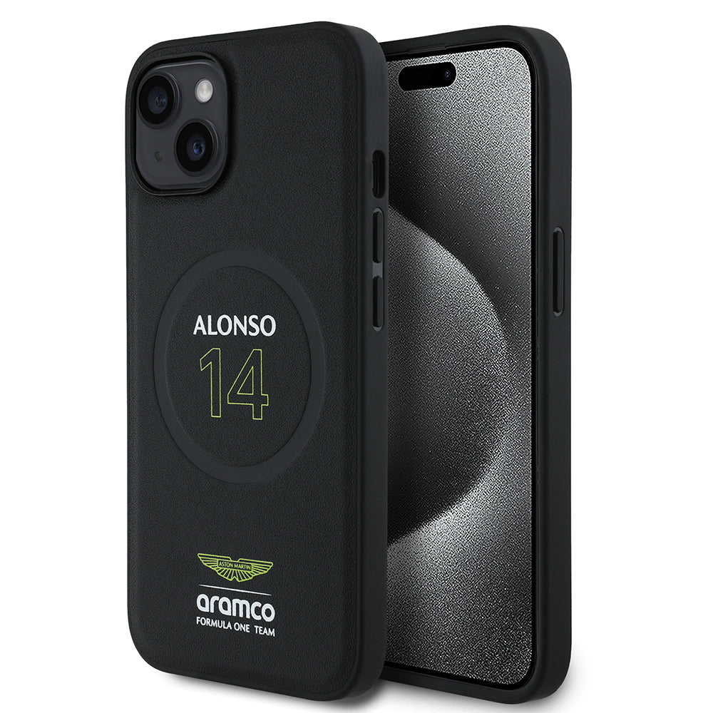Apple iPhone 14 Case Aston Martin Original Licensed M-Safe Charging Feature PU Leather Alonso 14 Printed Cover Black