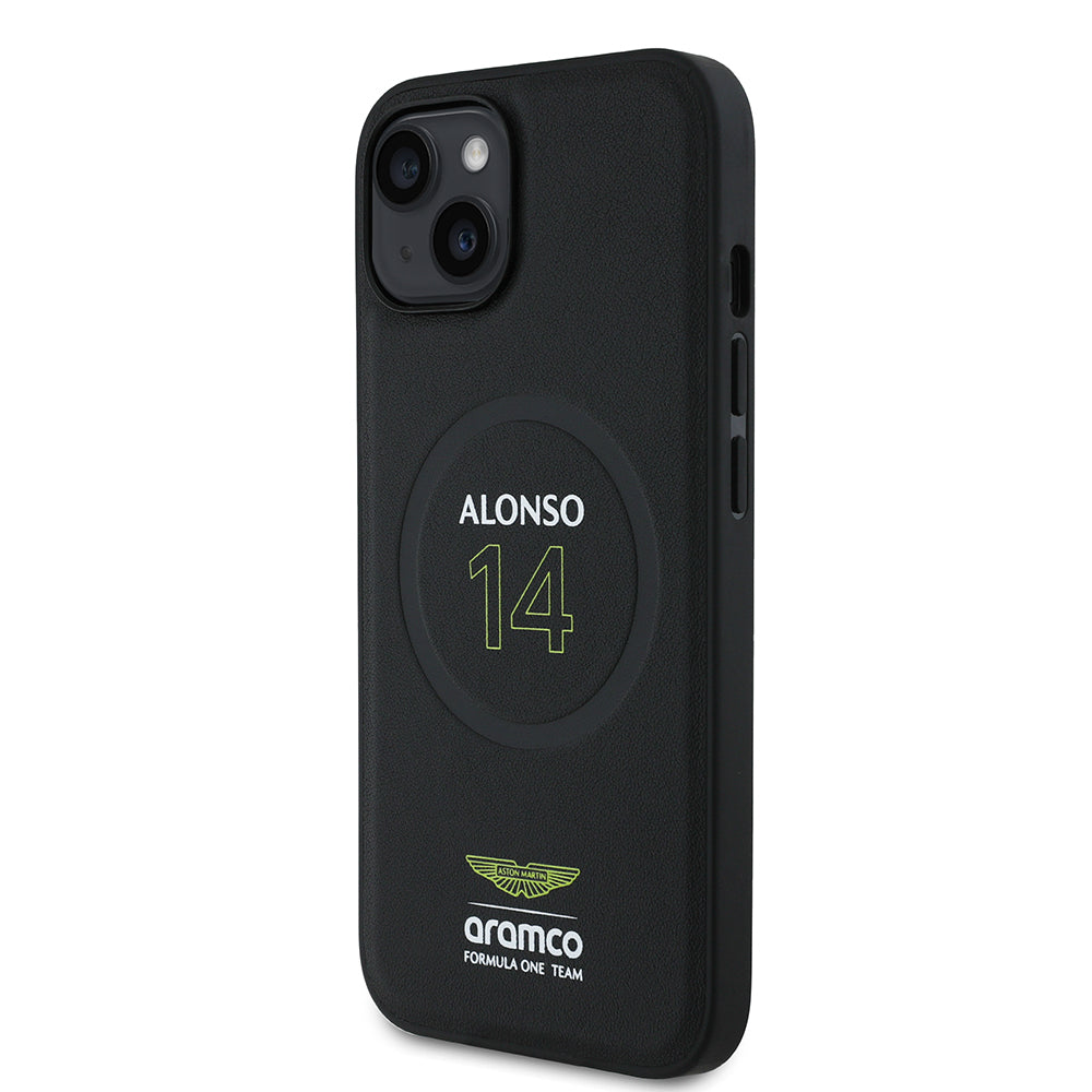 Apple iPhone 14 Case Aston Martin Original Licensed M-Safe Charging Feature PU Leather Alonso 14 Printed Cover Black
