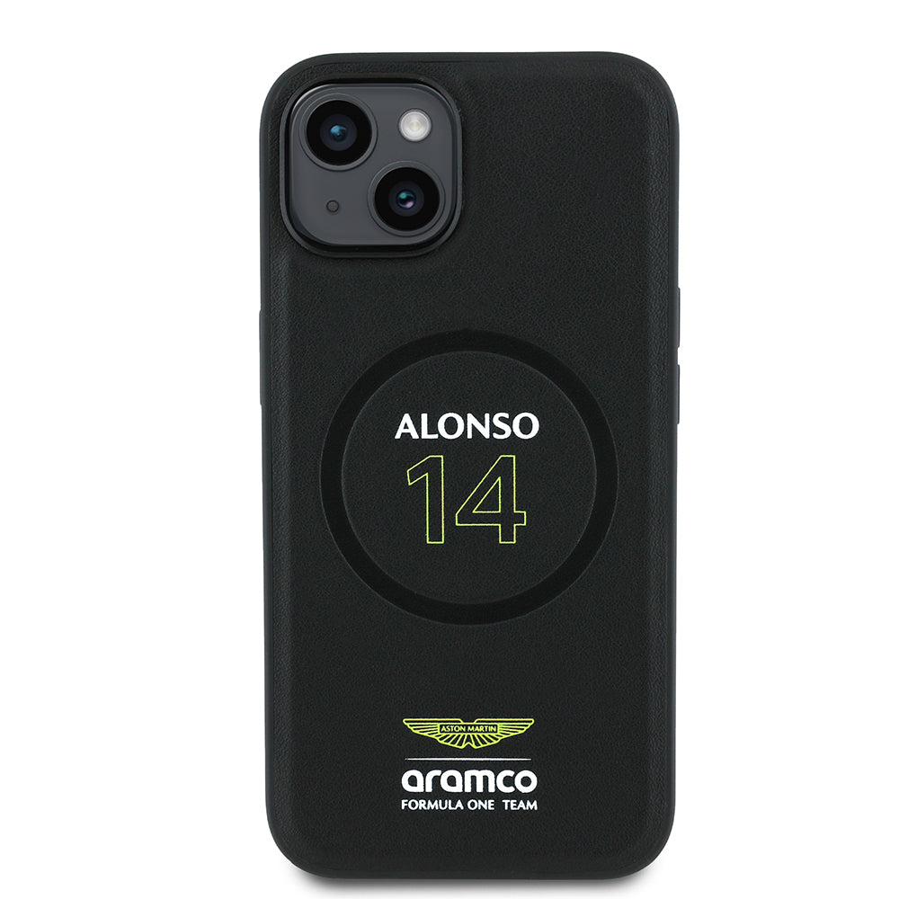 Apple iPhone 14 Case Aston Martin Original Licensed M-Safe Charging Feature PU Leather Alonso 14 Printed Cover Black
