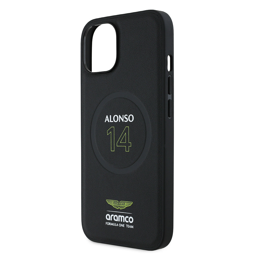 Apple iPhone 14 Case Aston Martin Original Licensed M-Safe Charging Feature PU Leather Alonso 14 Printed Cover Black