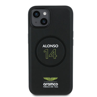 Apple iPhone 14 Kılıf Aston Martin Orjinal Lisanslı M-safe Şarj Özellikli PU Deri Alonso 14 Baskılı Kapak
