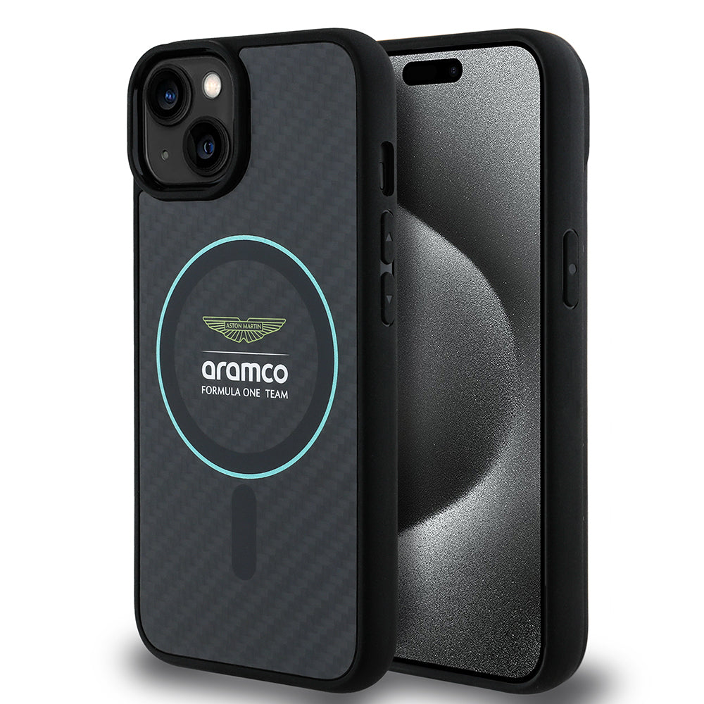 Apple iPhone 14 Case Aston Martin Original Licensed M-Safe Charging Feature Colored Ring and Carbon Fiber Design Cover Black-Green