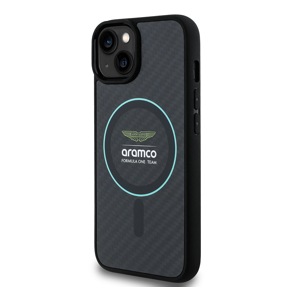 Apple iPhone 14 Case Aston Martin Original Licensed M-Safe Charging Feature Colored Ring and Carbon Fiber Design Cover Black-Green