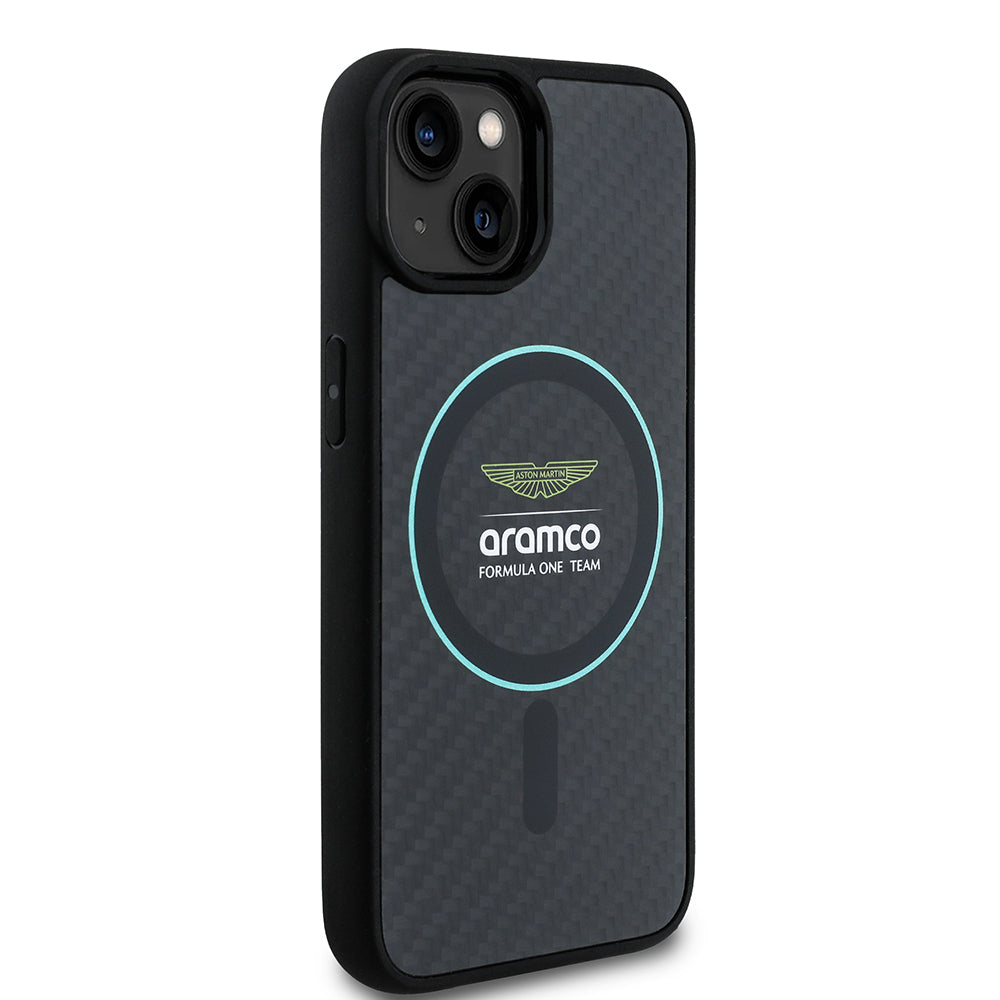 Apple iPhone 14 Case Aston Martin Original Licensed M-Safe Charging Feature Colored Ring and Carbon Fiber Design Cover Black-Green